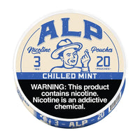Alp Nicotine Pouches Chilled Mint flavor, 3mg strength, featuring a warning about nicotine addiction.