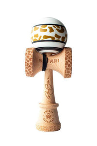 Sweets Kendama Reed Stark Gold Safari featuring a unique leopard print design and signature on the wooden tama.
