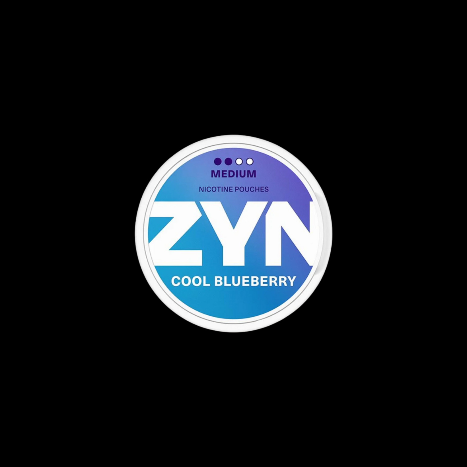 ZYN Cool Blueberry nicotine pouches in a circular packaging design, labeled 'Medium'.