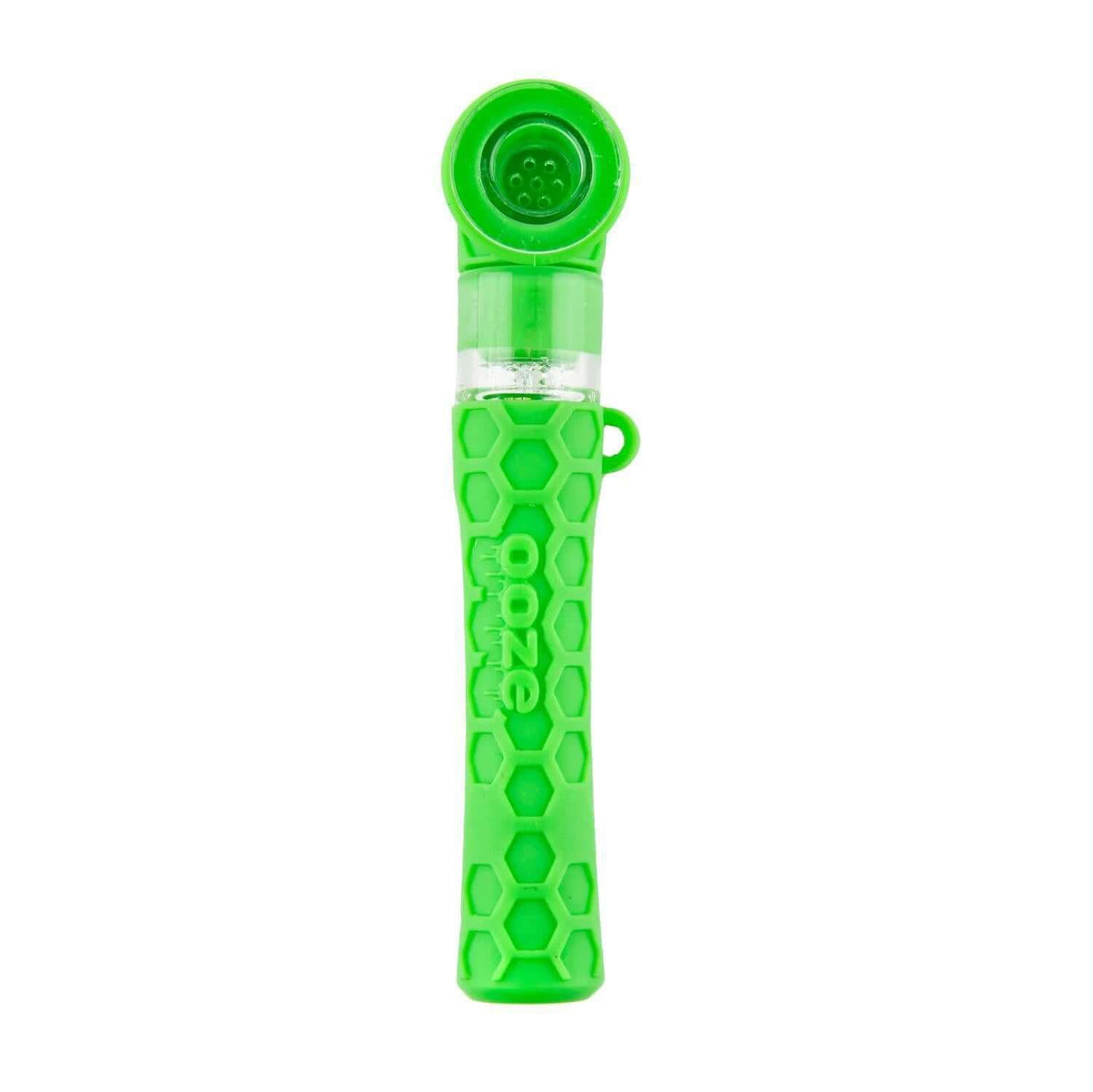 Ooze Piper Silicone Glass Hand Pipe in vibrant green color, designed for versatile travel use with a lanyard.