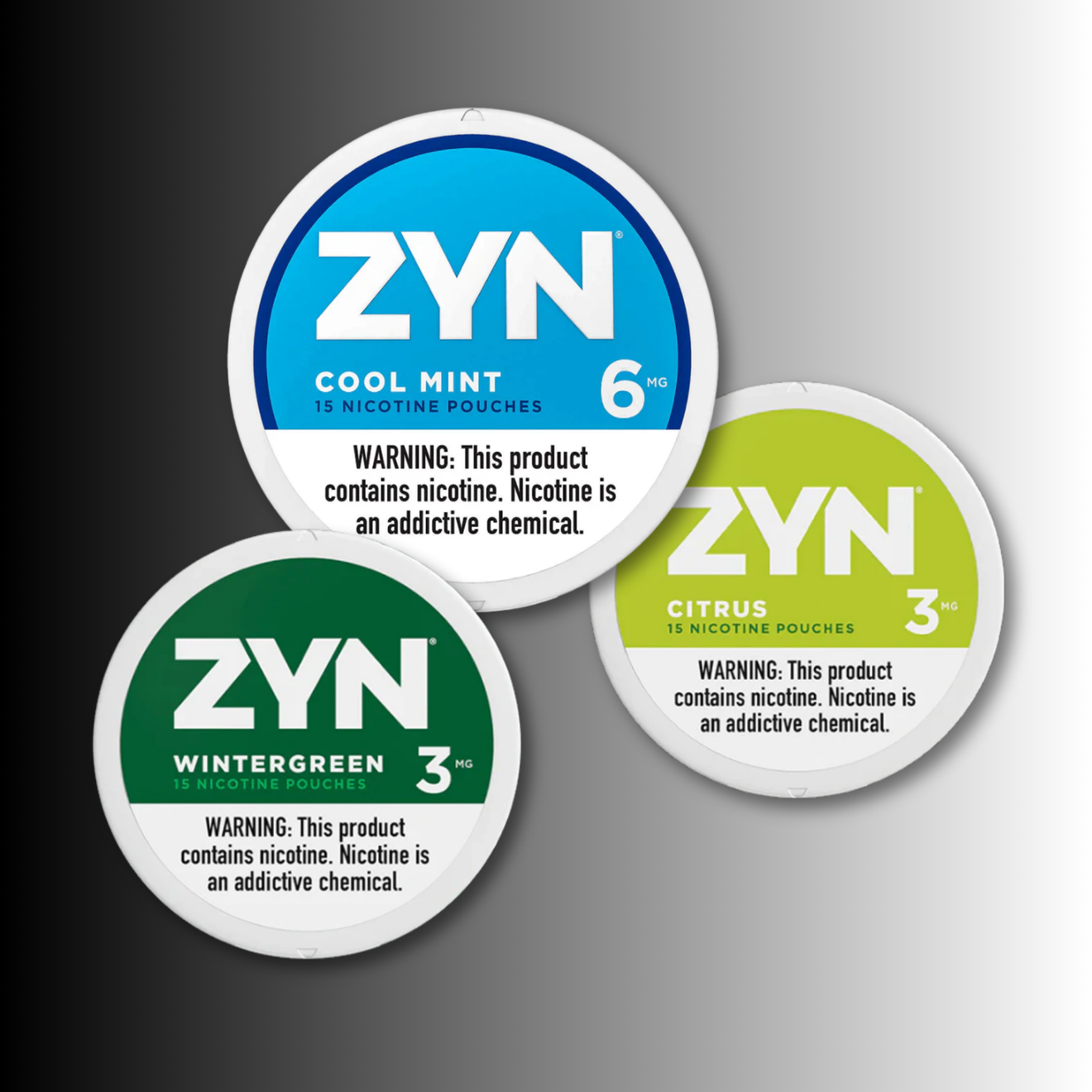 ZYN nicotine pouches in Cool Mint, Wintergreen, and Citrus flavors with warning labels about nicotine.