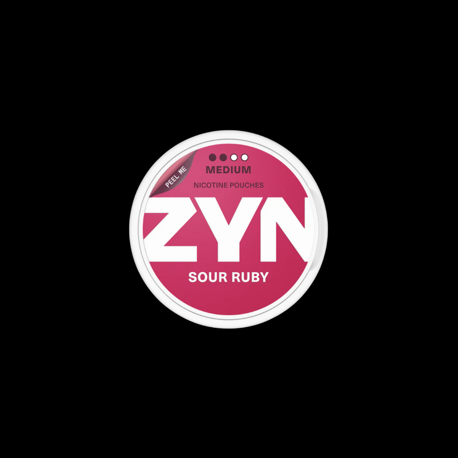 ZYN Sour Ruby nicotine pouches packaging, showcasing the medium strength product on a black background.