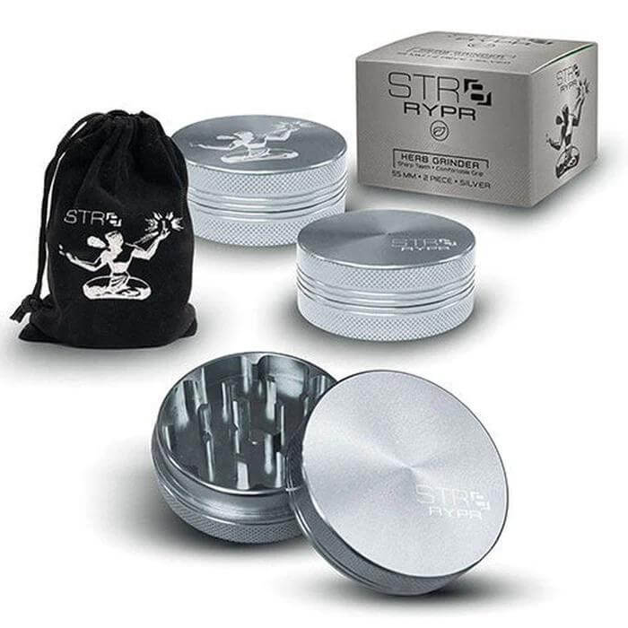 STR8 RYPR Herb Grinder 55mm 2pc set with silver finish and carrying pouch for easy herb grinding.