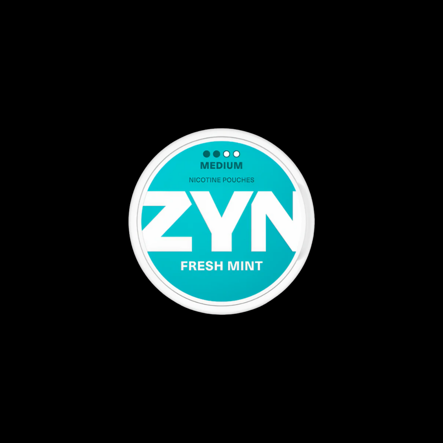 ZYN Fresh Mint nicotine pouches in a round container labeled 'Medium' on a black background.