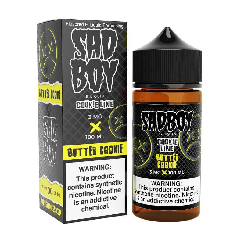 Sad Boy Butter Cookie e-liquid in 100ml bottle with colorful packaging and warning label for vaping.