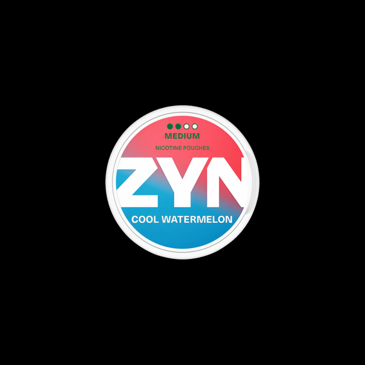 ZYN Cool Watermelon nicotine pouches, medium strength, featuring vibrant red and blue packaging.