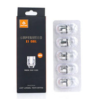 GeekVape SuperMesh X1 Coils packaging, featuring five mesh coils for enhanced flavor and vapor performance.