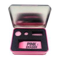 Pink Formula Pink Eraser Scrubber set in metal tin, featuring cleaning accessories for glassware maintenance.