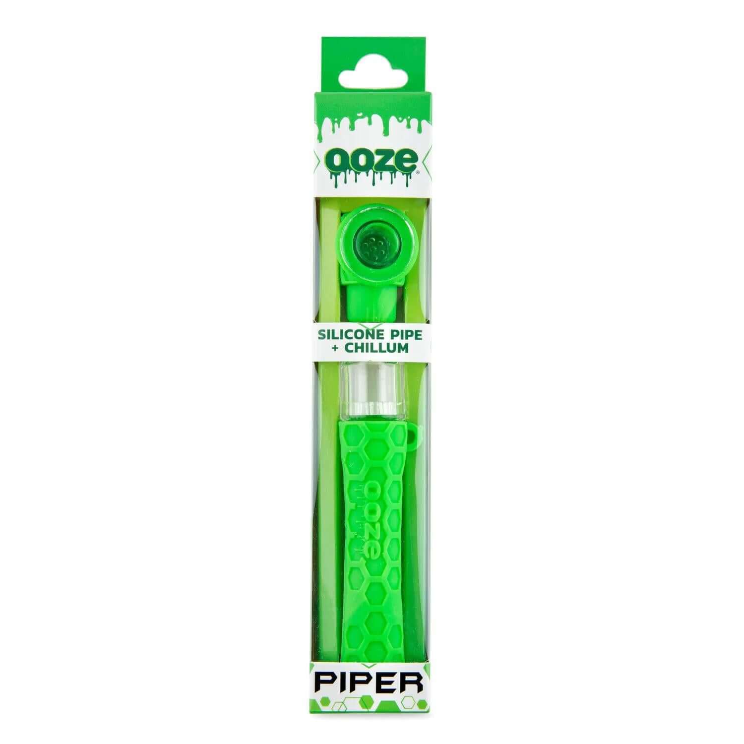 Ooze Piper Silicone Glass Hand Pipe and Chillum in green packaging, showcasing versatility and convenience for travel.