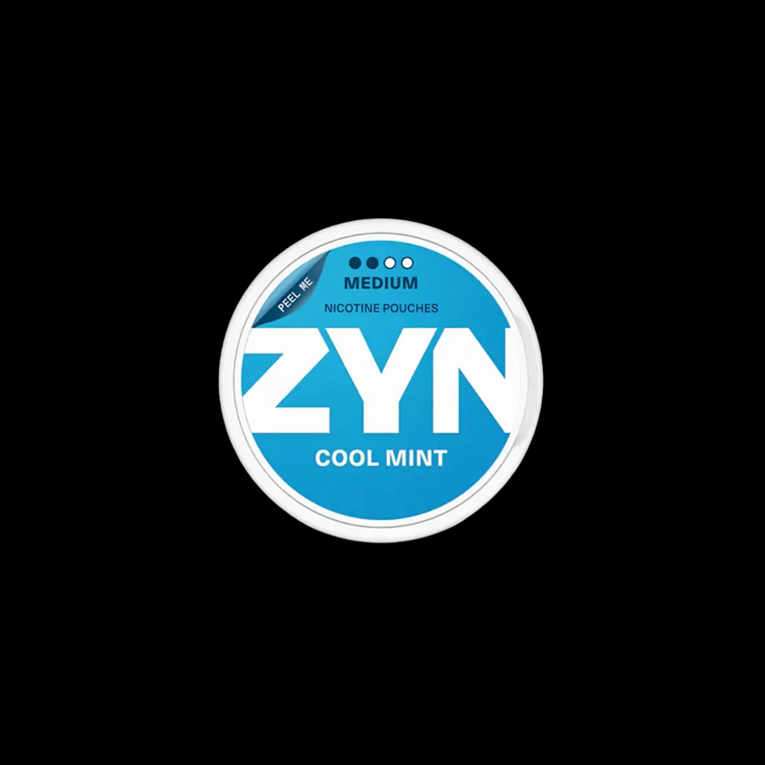 ZYN Cool Mint nicotine pouches in a circular tin with a blue and white design, labeled medium strength.