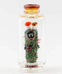 Handcrafted glass jar featuring detailed woodland scene with mushrooms, ladybugs, and vibrant greenery.