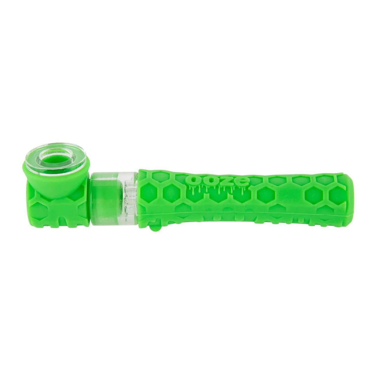 Ooze Piper Silicone Glass Hand Pipe in bright green color with a textured grip, perfect for travel and versatility.