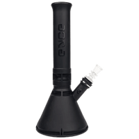 Eyce Molds Beaker in black silicone with glass bowl and down stem, featuring innovative design and built-in stash jar.