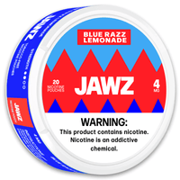 Jawz Nicotine Pouches in Blue Razz Lemonade flavor, 20 pouches, 4 mg nicotine, warning label included.