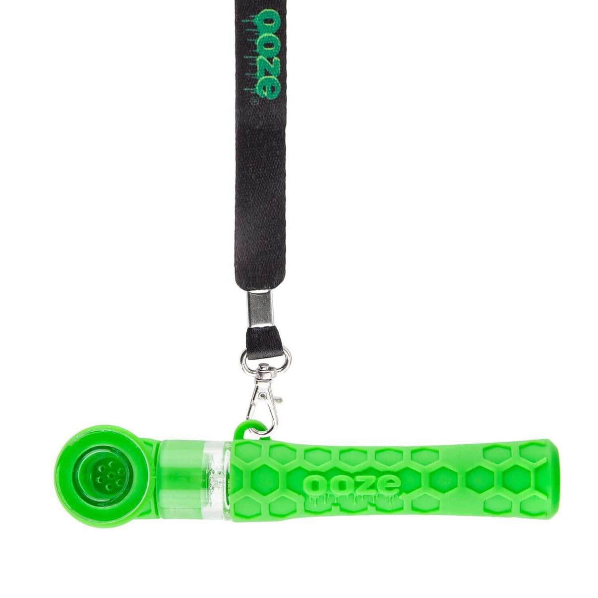 Ooze Piper silicone glass hand pipe in green with lanyard, versatile travel pipe for on-the-go use.