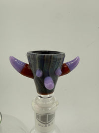 IC Glass Monster Horn 14mm Bowl Piece with purple accents and sculpted horns, handcrafted in vibrant colors.