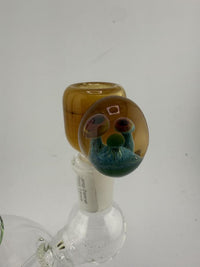 14mm glass mushroom slide bowl with vibrant cap and whimsical design, ideal for stylish smoking setups.
