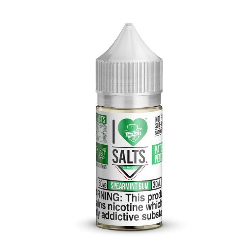 I Love Salts 30ml bottle of Spearmint Gum e-liquid, featuring a childproof cap and warning label.