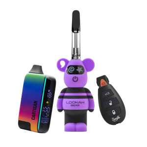 Colorful Lookah Bear vape pen with cartridge and accessories, including a rainbow-colored vape battery and remote key fob.