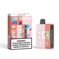 Off-Stamp SW16000 Disposable Smart Kit with Juicy Peach flavor and warning label about nicotine.