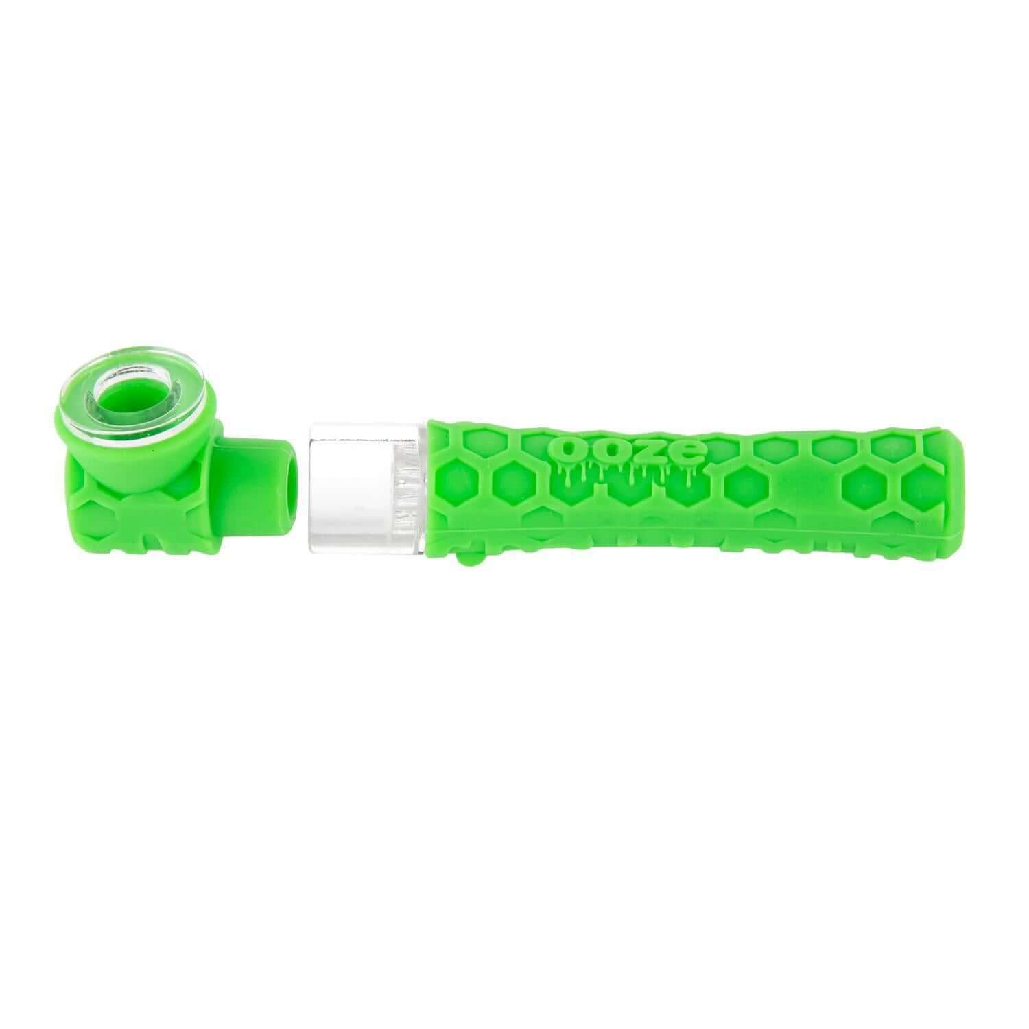 Ooze Piper silicone glass hand pipe in vibrant green, designed for travel versatility and convenience.
