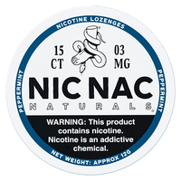 Nic Nac Naturals peppermint nicotine lozenges packaging, 15 count, 03 mg, warning label included.