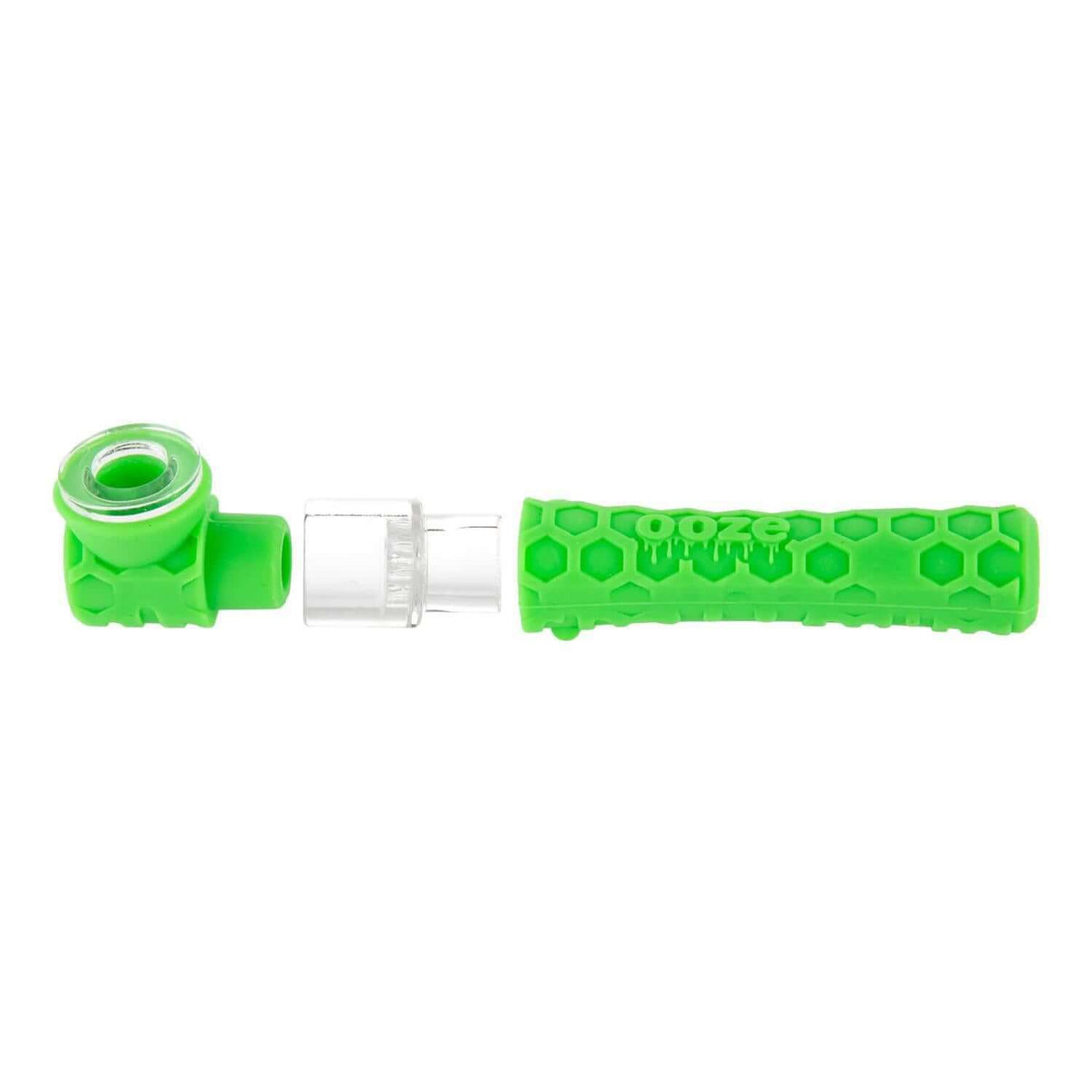 Ooze Piper Silicone Glass Hand Pipe & Chillum in vibrant green, featuring a honeycomb grip and removable bowl.