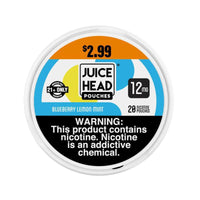 Juice Head nicotine pouches in Blueberry Lemon Mint flavor with warning label for nicotine content, priced at $2.99.