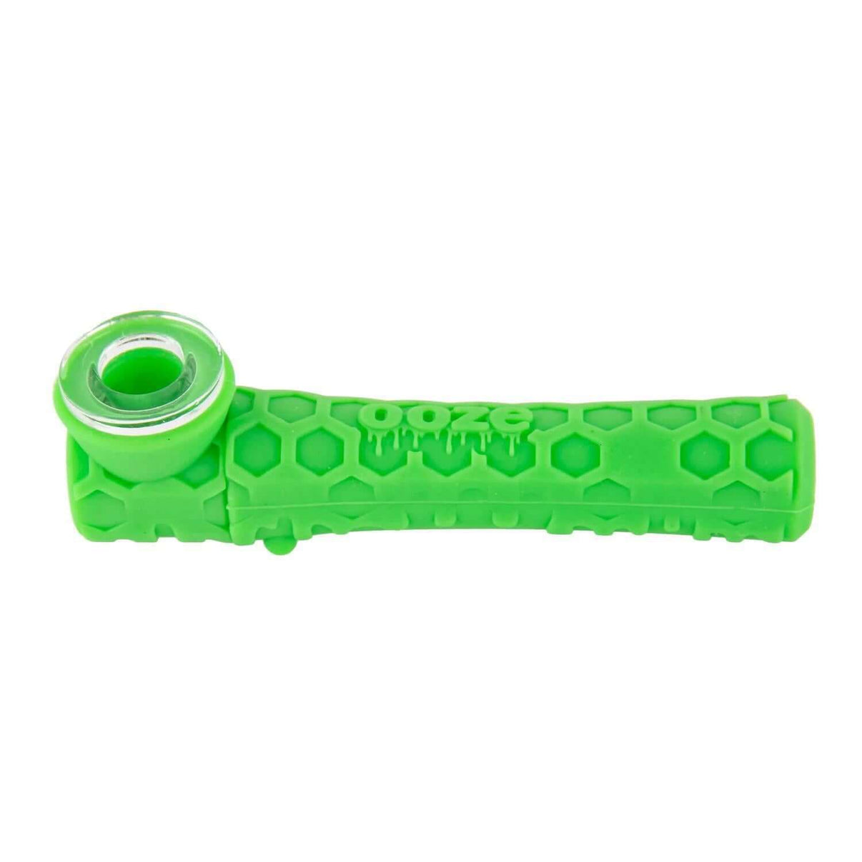 Ooze Piper silicone glass hand pipe in vibrant green, featuring a hexagonal design and removable bowl for versatile use.