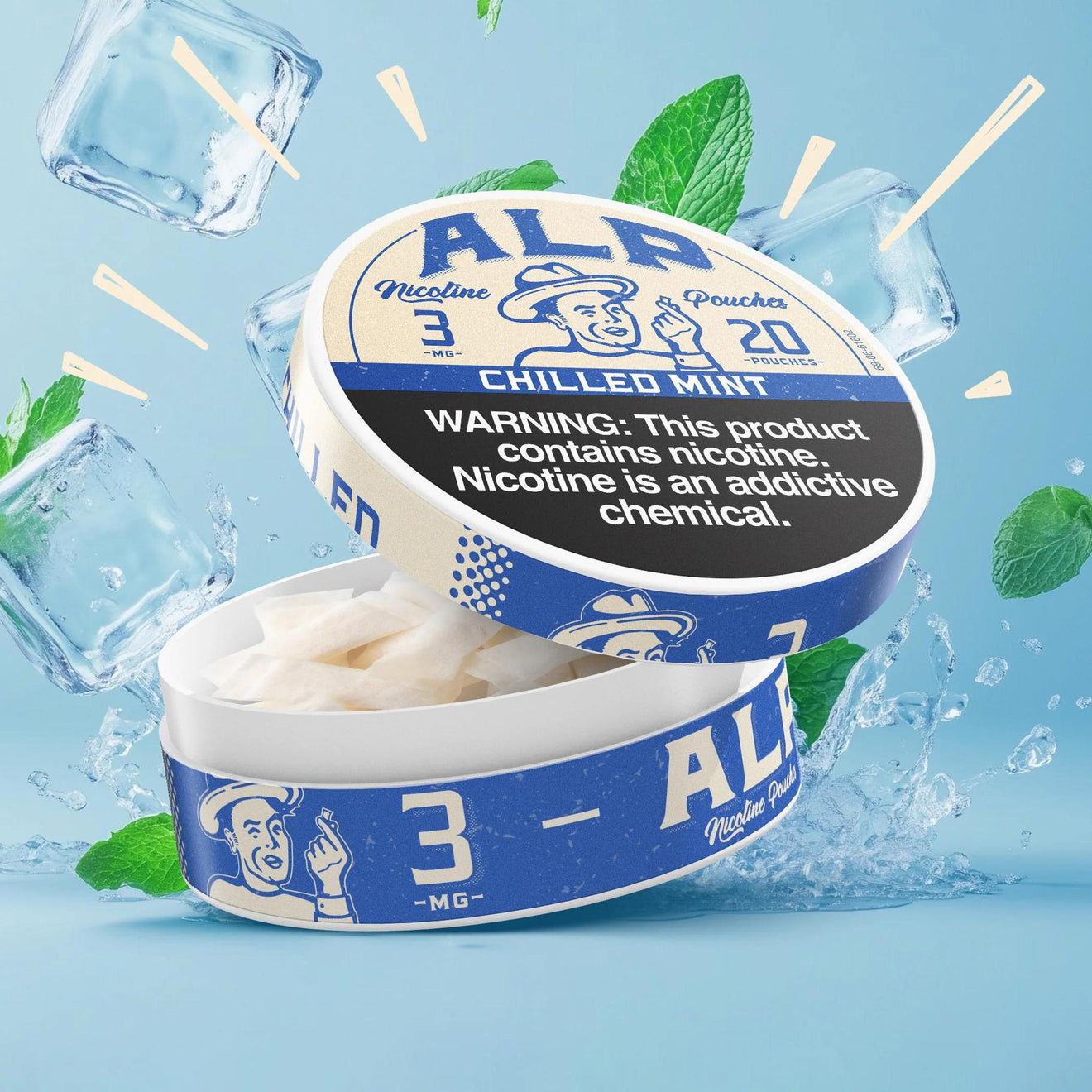 ALP Chilled Mint nicotine pouches in a tin, featuring a warning about nicotine addiction and ice cubes.