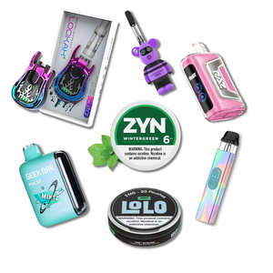 Collection of vaping products including Lookah, ZYN Wintergreen, and Geek Bar Pulse disposable vapes.