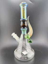 Brando Glass Wig Wag Space Tech Beaker in Black and Orange, handcrafted American glass design, 10mm water pipe.