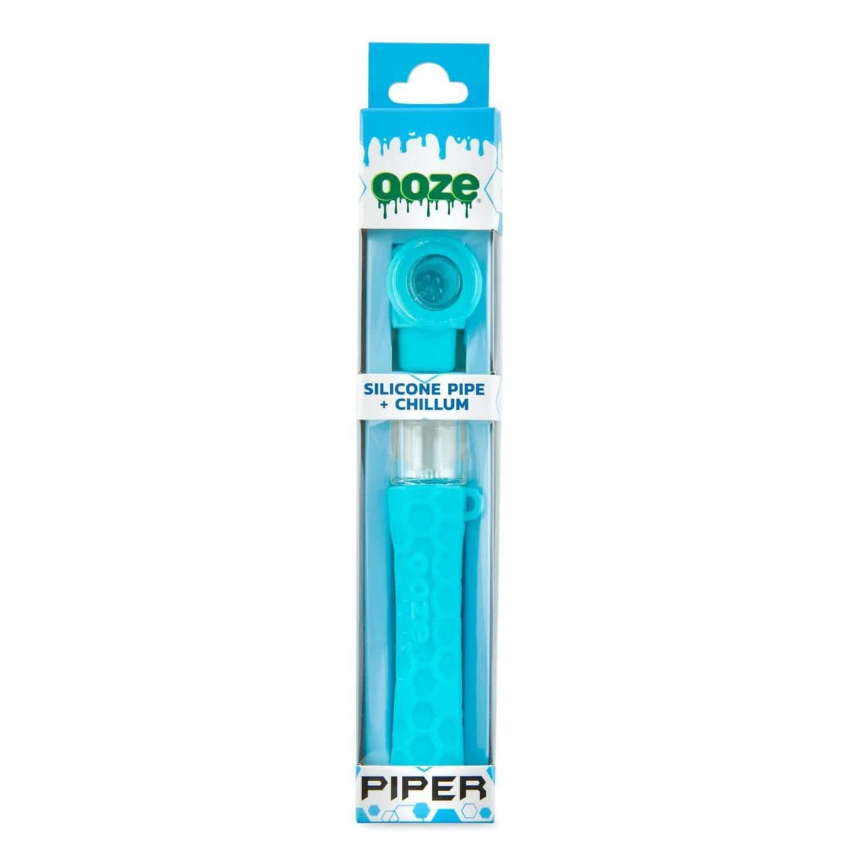 Ooze Piper Silicone Glass Hand Pipe & Chillum packaging in vibrant blue design for easy travel and versatility.