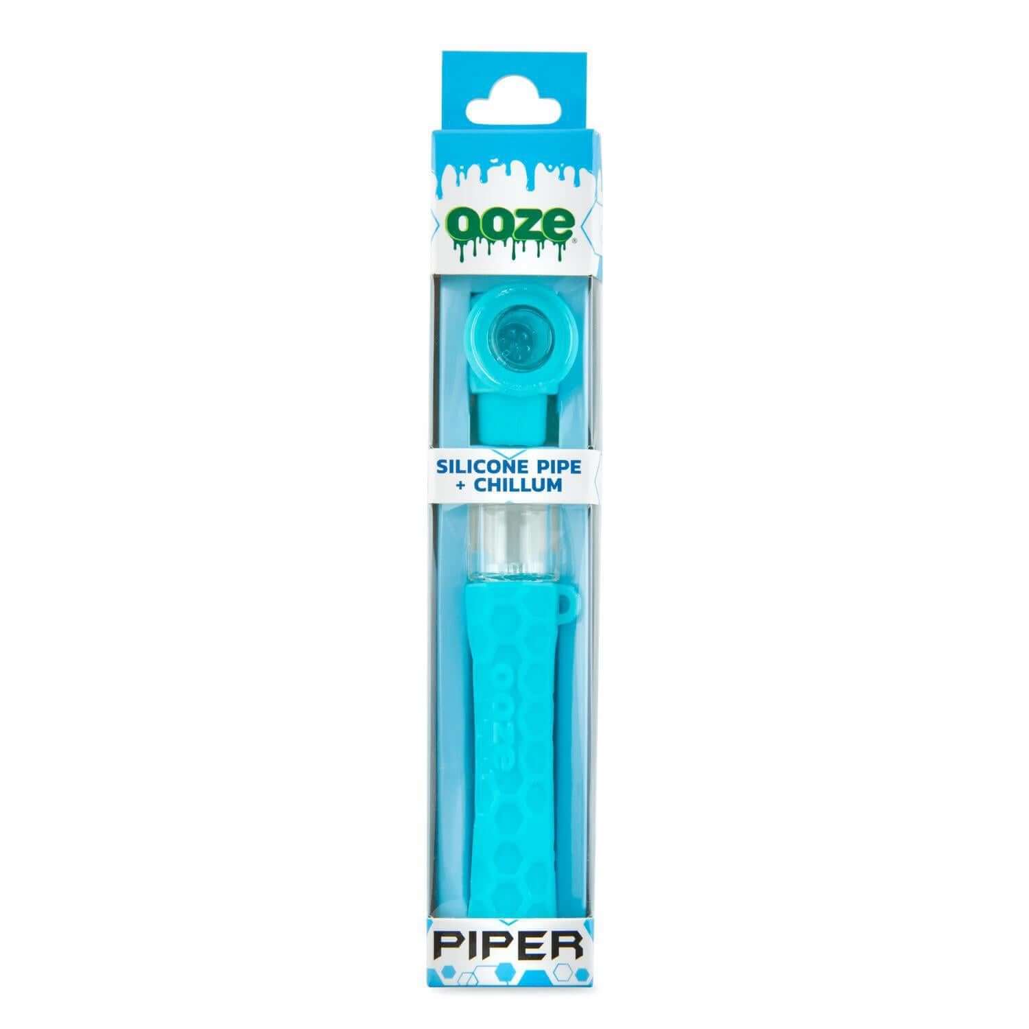 Ooze Piper Silicone Glass Hand Pipe & Chillum packaging in vibrant blue design for easy travel and versatility.