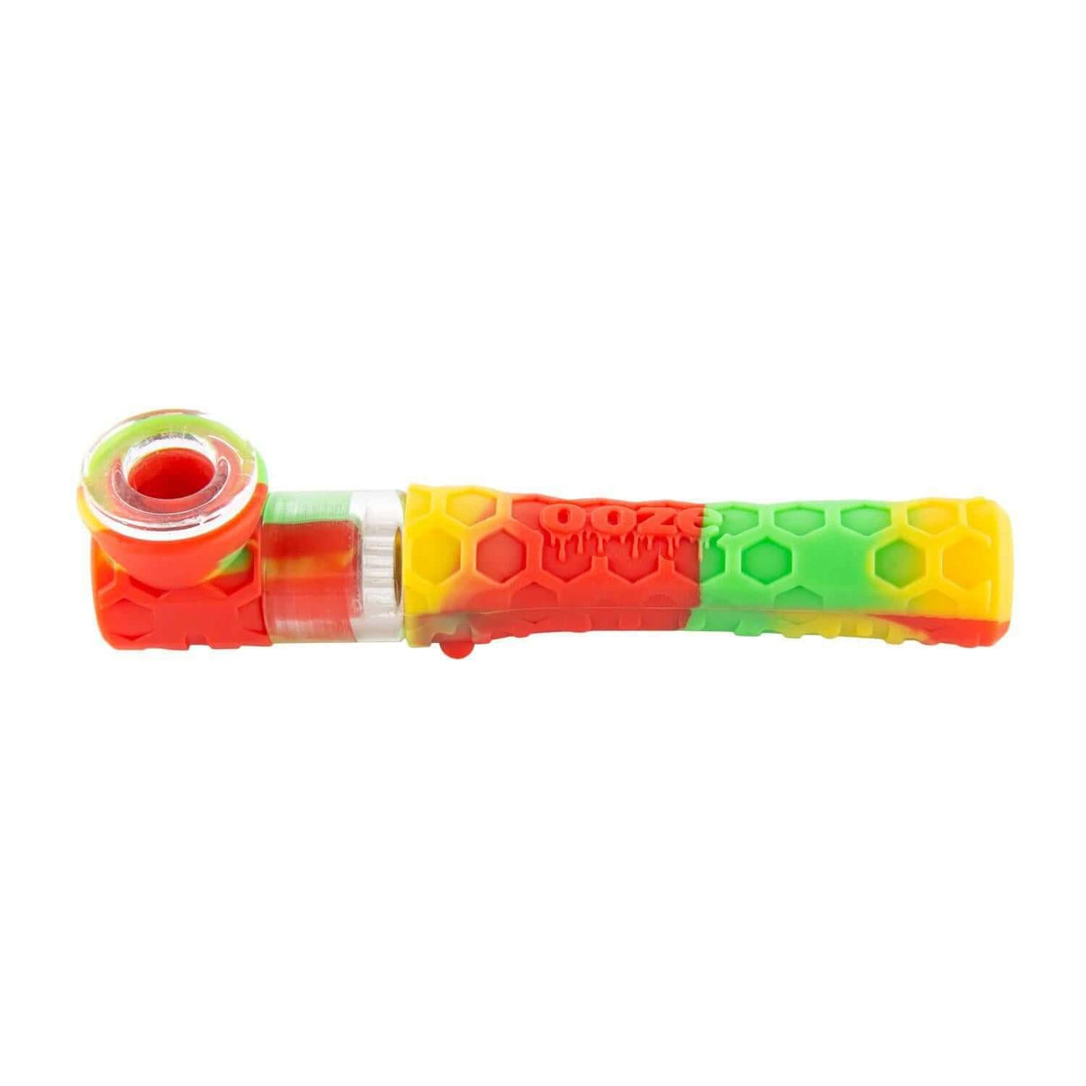 Ooze Piper Silicone Glass Hand Pipe & Chillum in vibrant colors with honeycomb texture for versatile travel use.