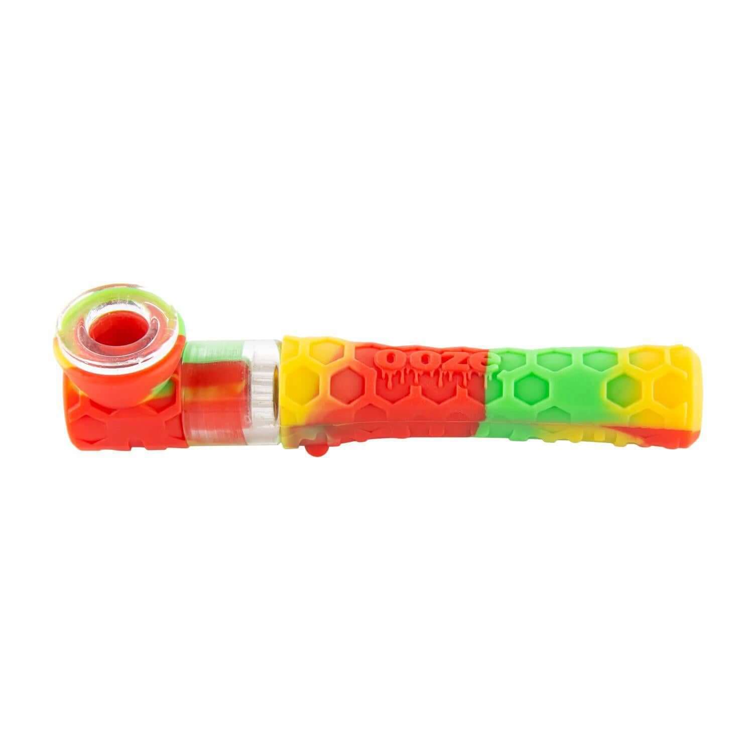 Ooze Piper Silicone Glass Hand Pipe & Chillum in vibrant colors with honeycomb texture for versatile travel use.