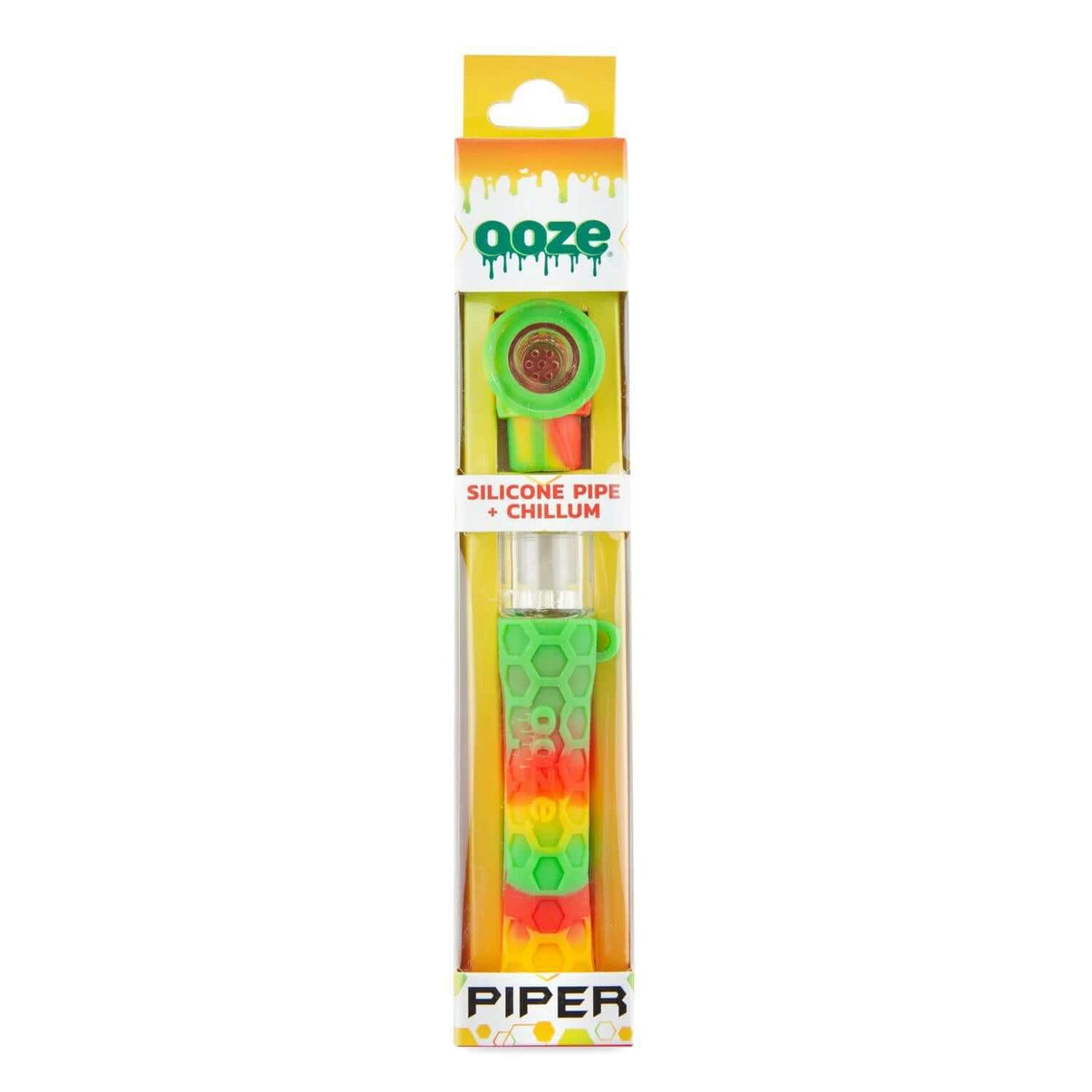 Ooze Piper Silicone Glass Hand Pipe and Chillum in vibrant green and orange packaging, perfect for travel and versatility.