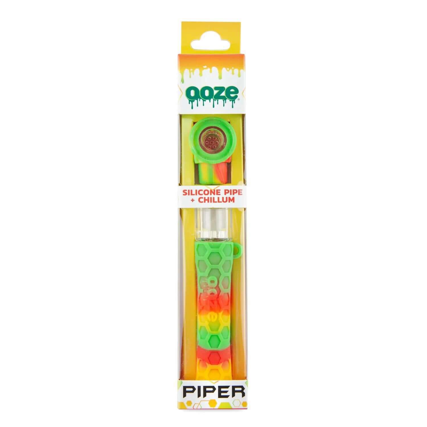 Ooze Piper Silicone Glass Hand Pipe and Chillum in vibrant green and orange packaging, perfect for travel and versatility.