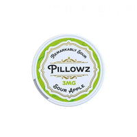 Pillowz nicotine pouches with sour apple flavor, 3mg strength, featuring a vibrant green and white design.