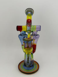 Domer Glass Patchwork rainbow 10mm Recycler With Cap That Looks Expensive Spokane Washington Domer double Nikk drips facing Front