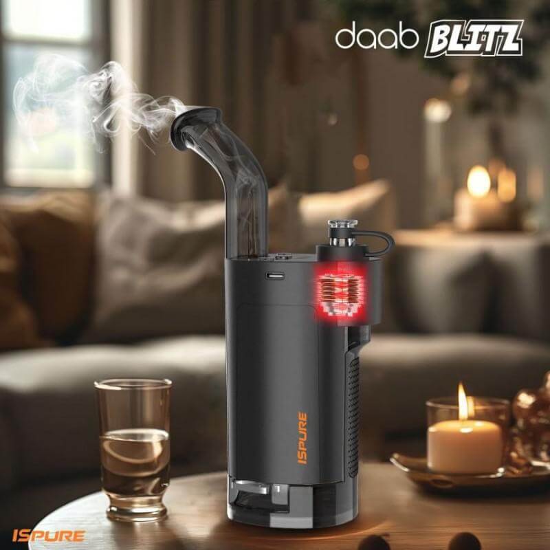 iSpure Daab Blitz Kit with sleek design and vapor, perfect for an elevated dabbing experience.