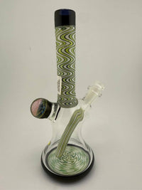 Highgrade Glass Super Worked Mini Beaker Green 10mm, handcrafted with intricate details, showcasing heady American glass art.