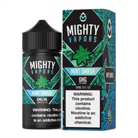 100ml bottle of Mighty Vapors Mint Smash e-liquid with packaging and nicotine warning.