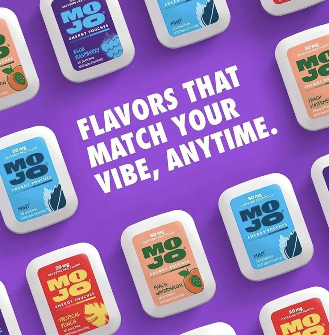 Flavors of MOJO Energy Pouches: Coming Soon Mojo Energy Pouches 50mg Caffeine Pouches 15pcs, vibrant and varied.