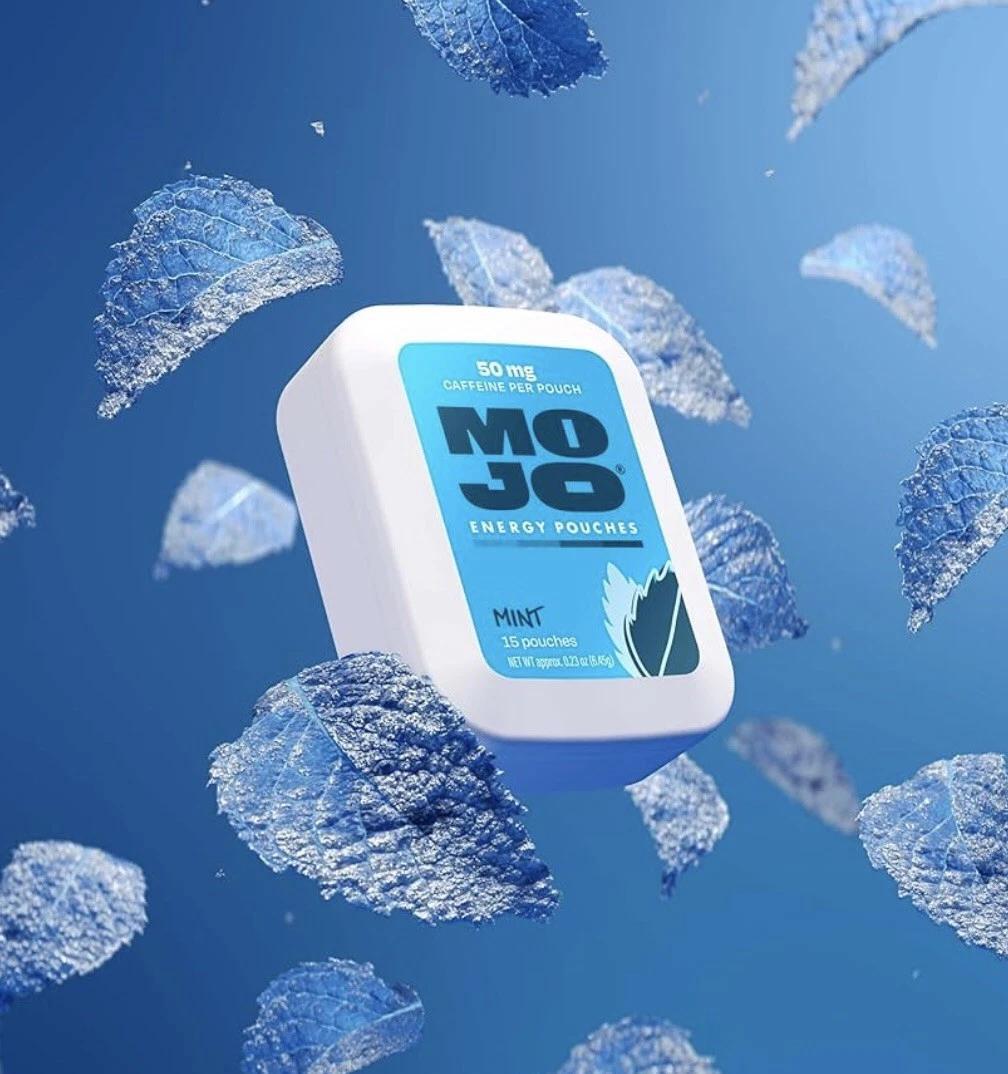 Coming Soon Mojo Energy Pouches 50mg Caffeine Pouches 15pcs packaging with mint flavor and blue background.