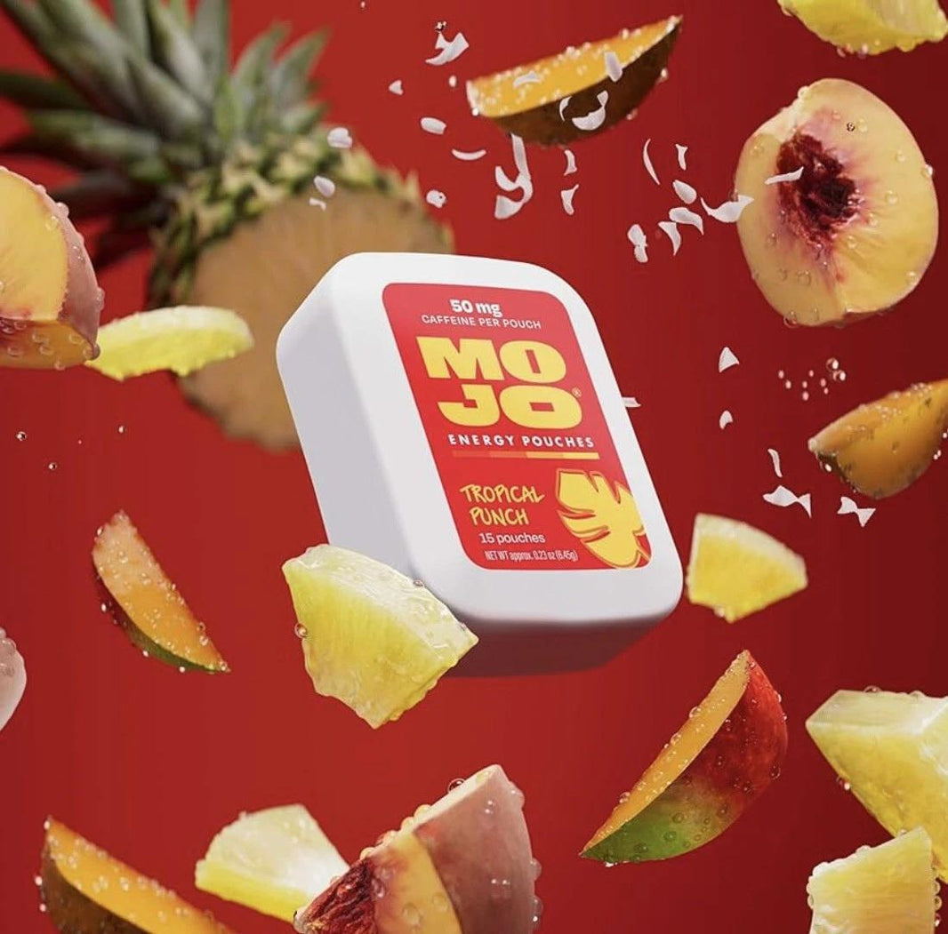 Coming Soon Mojo Energy Pouches 50mg Caffeine Pouches 15pcs with tropical fruit background