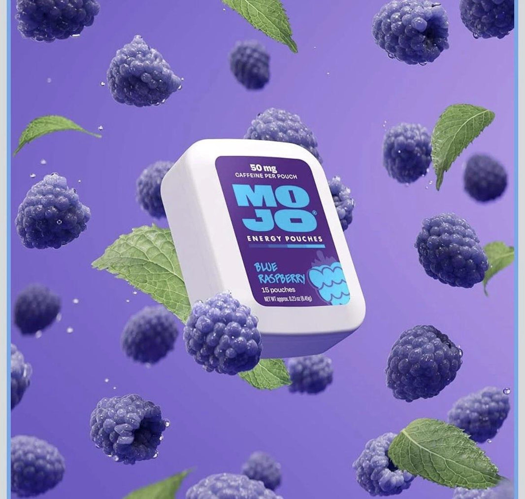 * Coming Soon * Mojo Energy Pouches 50mg Caffeine Pouches 15pcs with raspberry and mint leaves background.