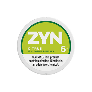 ZYN Citrus nicotine pouches packaging, 15 pouches, 6 mg, with warning about nicotine addiction.