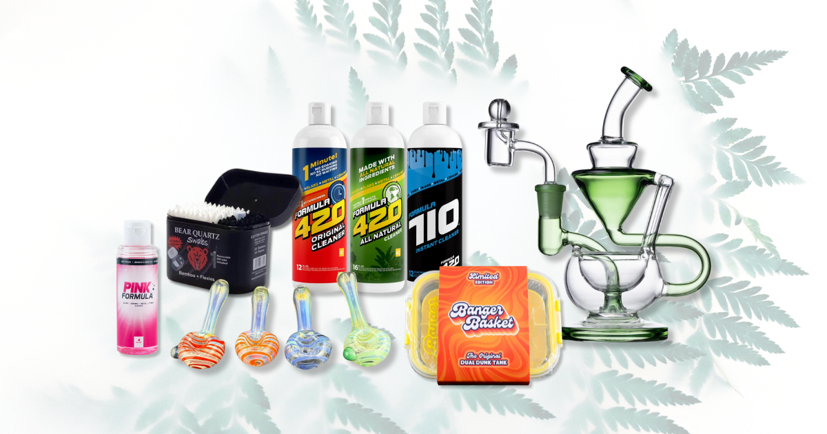 How to Clean Your Glass Pipes and Rigs the Right Way, featuring cleaning solutions and various glass pieces.