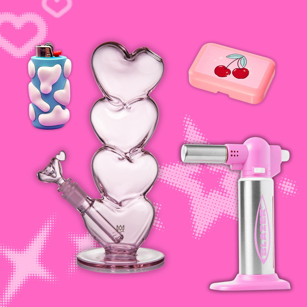 Cute smoking accessories for girls featuring a heart-shaped bong, lighter, stash box, and torch.